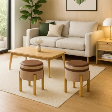 Imagem de Kit 2 Puff Banqueta Redondo Banco Pufe Assento Macio em Courino Tecido Linho Decorativo para Sala Escritório Apartamento Soft Évora Pés em Madeira - Bege