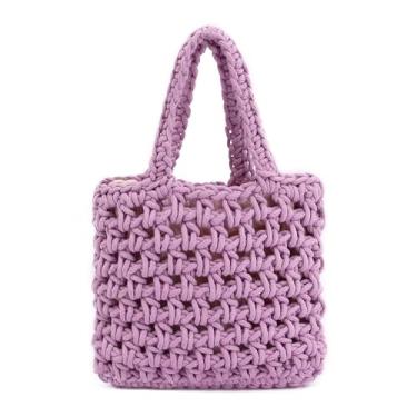 Imagem de Naimo Bolsa de praia de palha, bolsa de ombro de vime, bolsa de mão de rede de pesca, bolsa de corda de algodão, bolsa Hobo de crochê de verão, Quadrado roxo