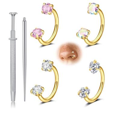 Imagem de Longita Anel de nariz em ferradura dourada para mulheres com pedras duplas para sapato de cavalo argola 18 g aço cirúrgico cartilagem hélice tragus argola labret piercing labial joias pequenos anéis