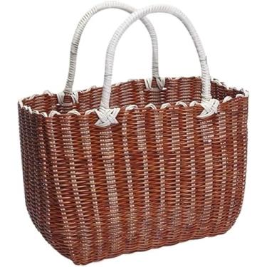 Imagem de Cesta De Piquenique De Vime, Cesta De Vegetais Portátil, Cesta De Compras Tecida, Cesta De Frutas De Armazenamento Artesanal De Vime De Plástico, Cesta De Piquenique, Cesta D, C, 27 * 21cm