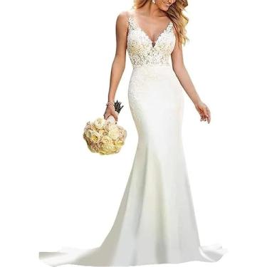 Imagem de Mulheres Vestidos De Noiva De Renda Vestidos De Noiva Sereia Decote Em V Vestidos De Escritório Civil Sem Costas, White, 56
