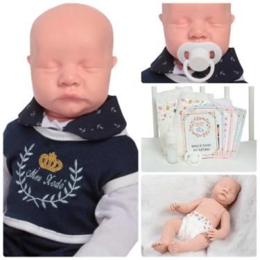 Imagem de Bebê Reborn Careca Olhos Fechados com Fraldas e Mamadeira - Cegonha Re