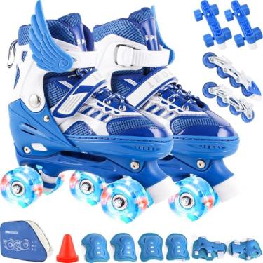 Imagem de Patins Infantil 2 Em 1 Ajustável Patins 4 Rodas, Patins Quad, Patins Infantil Menina, Ajustável com Bolsa e Kit Proteção, Para meninas, meninos e iniciante (Azul, P (28-32))