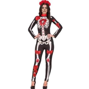Imagem de Fantasia Halloween Caveira Mexicana Adulta Feminina Macacão Esqueleto 