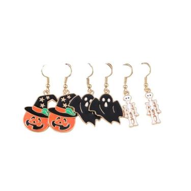Imagem de 3 pçs/conjunto de brincos de Halloween para mulheres, moderno, gato preto, morcego, design de fantasma, brincos pendentes de gota, roupas de Halloween, acessórios de bijuteria de fantasia, 2inch, Liga