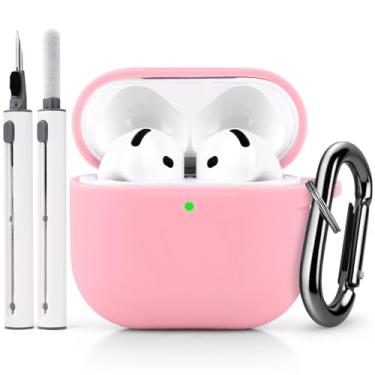 Imagem de Capa com kit para AirPods 4, capa protetora de silicone macio com chaveiro, rosa