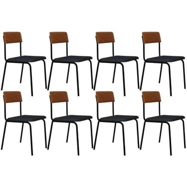 Imagem de Kit 08 Cadeiras Estofada Para Sala De Jantar Sense Preto C01 Linho Cinza Courino Caramelo - Lyam Decor