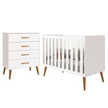 Imagem de Jogo De Quarto Infantil Isis Cômoda 4 Gavetas E Berço Branco - Reller Móveis Branco