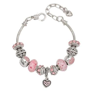 Imagem de Conjunto de pulseiras com pingentes banhados a prata de corações rosa, joias com miçangas, pingentes e corrente de cobra ajustável