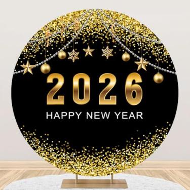 Imagem de DORCEV 2,2 x 2,2 m 2026 Feliz Ano Novo Capa de fundo redondo com lantejoulas glitter bolas de Natal estrelas ouro preto contagem regressiva para o ano novo fundo fotográfico Natal véspera de ano novo