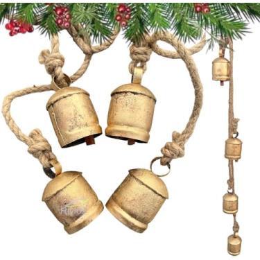 Imagem de Harmony Country Style Shabby Chic vintage decoração de Natal guirlanda de manto amuleto da sorte Sino decorativo rústico 4 sinos pendurados, sino de bronze dourado com corda de juta
