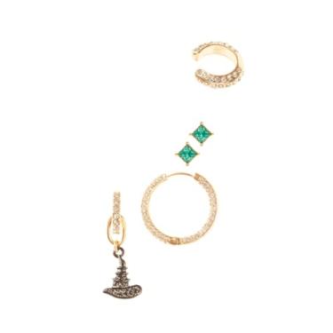 Imagem de 8 Other Reasons Conjunto de brincos Wicked – 5 peças de brincos de gota dupla preto e dourado, motivo de chapéu de bruxa, argolas de joias e rastreador de orelha, joias de latão banhado a ouro 14K