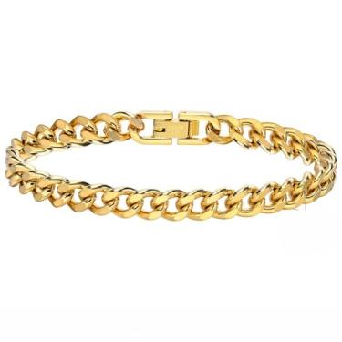 Imagem de Rockyu Pulseira masculina de corrente cubana dourada de 19 cm de aço inoxidável de 9 mm de espessura, hipoalergênica, joia hip-hop, presente de aniversário
