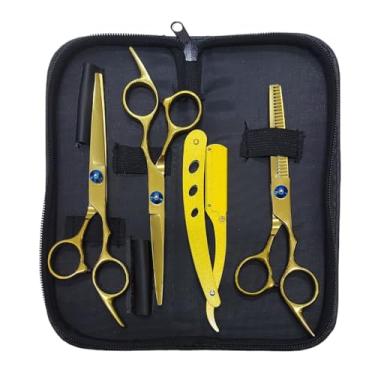 Imagem de Conjunto de 4 tesouras profissionais de desbaste capilar em aço inoxidável com acabamento dourado, projetadas especificamente para salões de cabeleireiro(dourado)