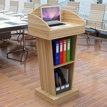 Imagem de Suporte de pódio para palestras, madeira de púlpito de igreja, suporte de pódio de madeira com área de armazenamento aberta, mesa de pódio de conferência com superfície espaçosa e placa defletora