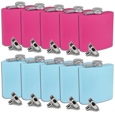 Imagem de Conjunto de frascos de revelação de gênero - (pacote com 10) Frascos de aço inoxidável rosa e azul de 170 g com funil - Frasco de licor revestido com pó de parede dupla, presente para chá de bebê