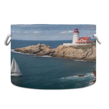 Imagem de JUZIHAI Lighthouse Cesta de armazenamento dobrável para bebê, cesto de roupa suja, cobertor com alças de corda de algodão, caixa de brinquedos dobrável, organizador de armário para quarto, berçário
