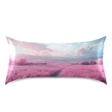 Imagem de Qilmy Fronha de cetim floral rosa campo para cabelo e pele, capa de almofada de seda refrescante respirável macia com fecho de envelope, tamanho king size 50 x 101 cm