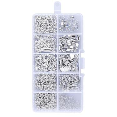 Imagem de Aoerway Kit de suprimentos para fabricação de joias, conjunto de 885 peças de achados de prata com ganchos de brinco, anéis de salto, fechos de lagosta, contas de crimpagem, alfinetes de cabeça em