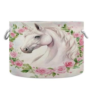 Imagem de JUZIHAI Cesta de armazenamento dobrável de unicórnio, cesto de roupa suja para bebê, cobertor com alças de corda de algodão, caixa organizadora de armário dobrável para quarto, berçário, casa, 50 x 35