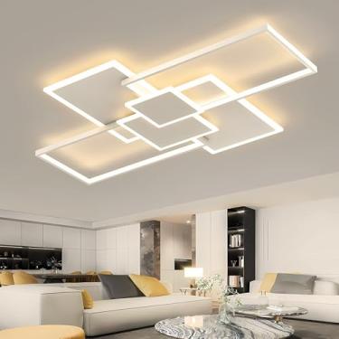 Imagem de Luminária de teto LED dimerizável com controle remoto, moderna, para sala de estar, quarto, sala de jantar, cozinha, corredor, iluminação de hall, branca, 110×70×7,5 cm.