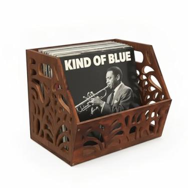 Imagem de D-werack Armazenamento de discos de vinil vintage, armazenamento de álbum 75+ LPs, cubo organizador de vinil clássico, caixa de madeira para exibição de revistas de discos