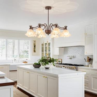 Imagem de Lustre vintage de vidro com 8 luzes em bronze envelhecido, estilo fazenda. Grande lustre Sputnik de vidro leitoso para sala de jantar. Luminária pendente francesa industrial para ilha de coz