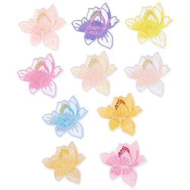 Imagem de letsinstyle 10 apliques de bordado de flor de lótus, 7,5 x 7,5 cm de ferro de lótus florescendo em remendos, aplique decorativo floral para buracos, jeans, jaqueta, chapéu