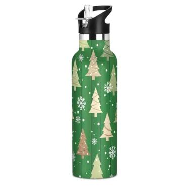 Imagem de Joisal Garrafa de água isolada de aço inoxidável de 590 ml com tampa de canudo para bebidas frias ou quentes, árvores de Natal, festival verde, à prova de vazamento, parede dupla, copo de viagem para