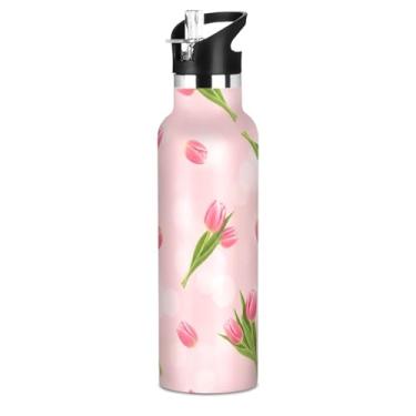 Imagem de Joisal Garrafas de água floral pastel verde rosa com tampa de canudo Garrafa de água isolada de aço inoxidável para adolescentes meninas 590 ml à prova de vazamento livre de BPA copos de viagem para
