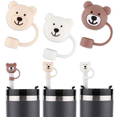 Imagem de 3 peças de capa de palha de urso para copo Stanley 1,134 g, capa protetora de palha macia de desenho animado, capa fofa de palha, pontas de palha de silicone para Stanley 20/30/1,134 g (3 cores)