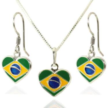Imagem de Conj. Colar Brinco Anzol Bandeira Brasil Coração Prata 925 - Lojas La&