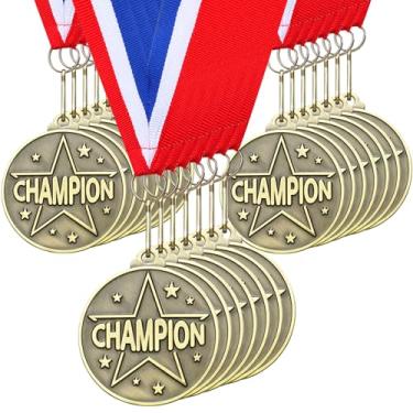 Imagem de Loetere 30 medalhas de prêmio campeão de 5 cm a granel com fitas de pescoço Prêmio de troféu de jogador mais valioso para jogos esportivos, eventos, festas, prêmios de futebol, beisebol, softball