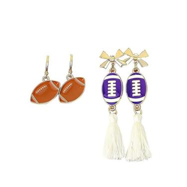 Imagem de ONLYJUMP Conjunto de brincos de futebol de liga para mulheres, multicoloridos, joias para fãs de esportes, argola, laço, borla, brincos com pingente temático de rúgbi, acessórios para o dia do jogo