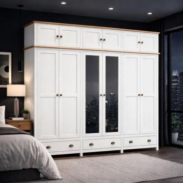 Imagem de Guarda Roupa Madeira Maciça Pinus Bipartido 12 Portas Com Espelhos - L