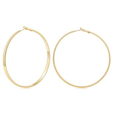 Imagem de Gacimy Brincos de argola de ouro de 5 mm de largura para mulheres, argolas banhadas a ouro 14K com pino de prata esterlina 925, brincos hipoalergênicos para mulheres, 70mm, Latão, Sem pedra preciosa