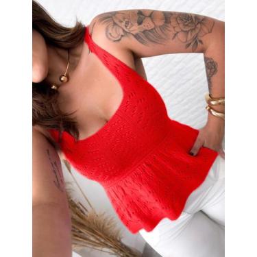 Imagem de Bata Rendada Blusa Feminina Babado Regata Blusinha Tricot Verão Modal 