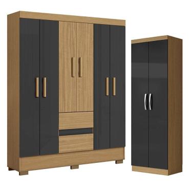 Imagem de Guarda Roupa Casal Coimbra 6 Portas 2 Gavetas MDP Atacama Grafite e Armário Multiuso New Aramóveis