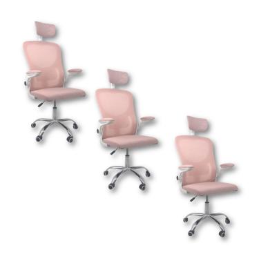Imagem de Kit 3 Cadeiras De Escritório Diretor Oficial Vegas Com Apoio Rosa E Branco