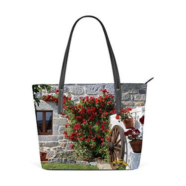 Imagem de Bolsa de compras grande para trabalho, bolsa feminina de couro de poliuretano, lindas rosas e rodinhas para carrinho, bolsa casual