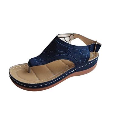 Imagem de Chinelo multicolorido bordado chinelos de salto plataforma sandálias femininas sandálias femininas confortáveis, Azul, 6.5-7