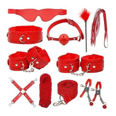 Imagem de Kits Para Casais Algemas Jogos Sexuais Chicote Mordaça Colarinho Brinquedos Sexuais Casal (Vermelho)