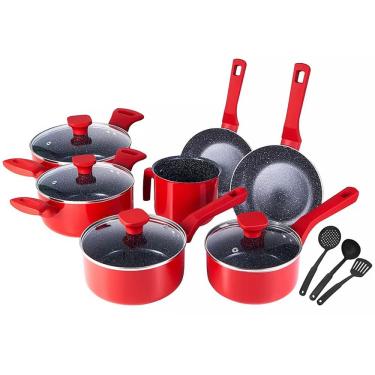 Imagem de Jogo De Panelas Ceramica Antiaderente Indução Mimo Style Pratic Cook Red 10 Peças Conjunto Com Caçarola Frigideira E Utensílios	