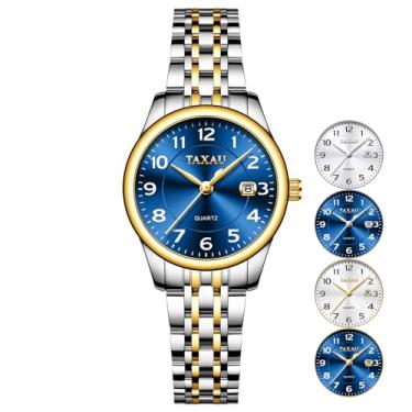 Imagem de Taxau Relógios femininos elegantes à prova d'água com data, numerais arábicos, dois tons, aço inoxidável, analógico, quartzo, pequeno, relógio de pulso Reloj Mujer, Azul em dois tons, round, Negócios