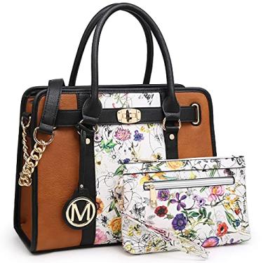 Imagem de MKP Bolsa feminina de mão com duas cores, bolsa de ombro com alça superior em dois tons, conjunto de 2 peças, Flor branca/marrom-1