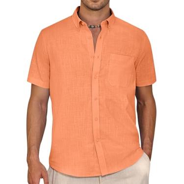 Imagem de Alimens & Gentle Camisa masculina de linho de manga curta casual de algodão com colarinho camisas de praia de verão, Laranja claro, M