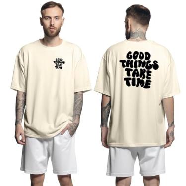 Imagem de Camisa Camiseta Oversized Streetwar Genuine Grit Masculina Larga 100% Algodão 30.1 Good Things Take Time - Bege - M