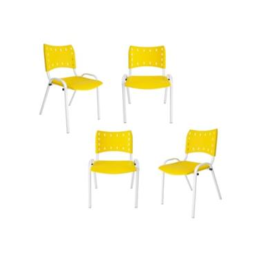 Imagem de Ecom Home - Kit 4 Cadeiras ISO Amarela na Base Branca com Pés em Aço Empilháveis para Comércio Restaurantes Escolas Sorveterias