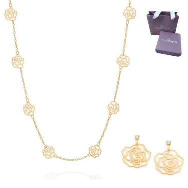 Imagem de Kit Conjunto Presente Feminino Rosas Vazadas Rommanel Banhado Ouro 18k