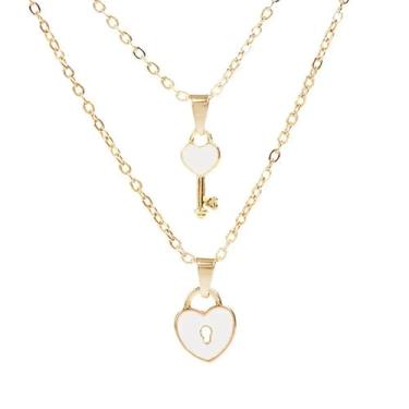 Imagem de swglcowo Colar combinando com chaveiro, banhado a ouro, delicado, camada dupla, esmaltado, coração rosa, corrente com pingente para 2 mulheres, amizade, melhor amiga, casais, amantes, dia dos